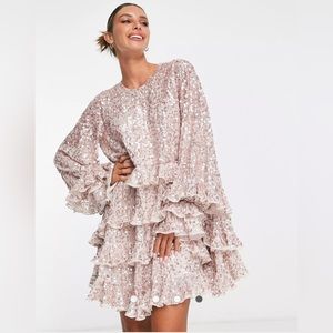 ASOS EDITION frill sequin smock mini dress in blush
